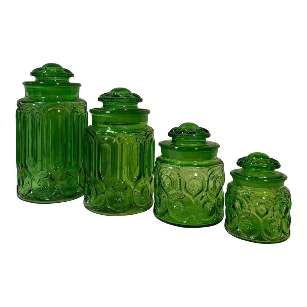 Vintage 60s Green Canister Kitchen Storage Jars LE Smith Moon and Stars Set of 4